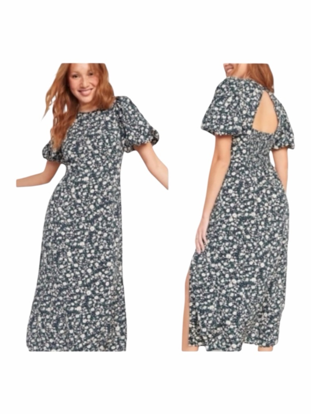 Old Navy Ditsy Navy Floral Puff Sleeve Cut Out Back Maxi Dress